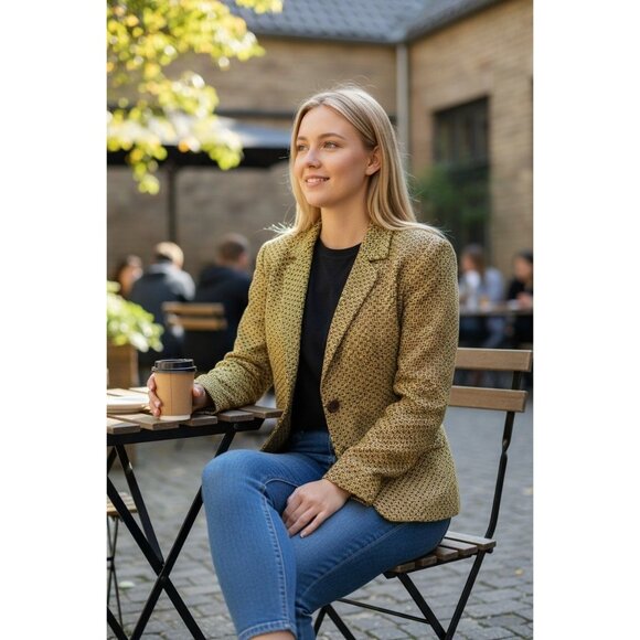 Ann May Womens Cropped Blazer Jacket Woven Silk Yellow & Black Patterned-SZ10 - Picture 1 of 8